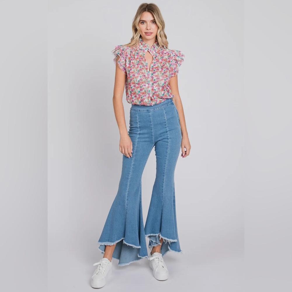 🟠 368B-BLUE. High Low Flared Stretch Jeans
